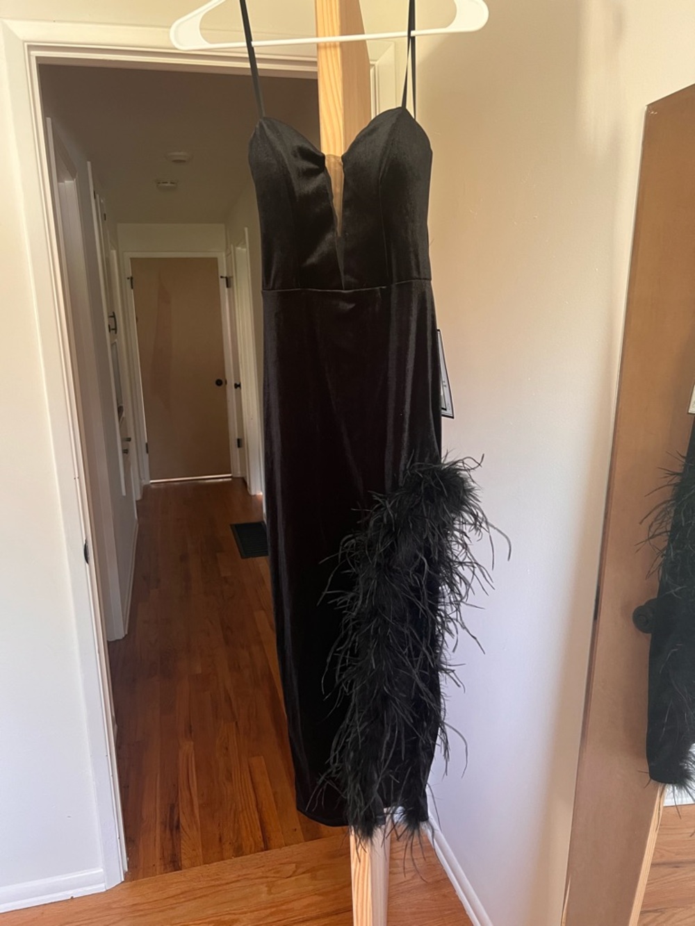Black Velvet Midi Dress with Feather Trim - Women's Evening Dress